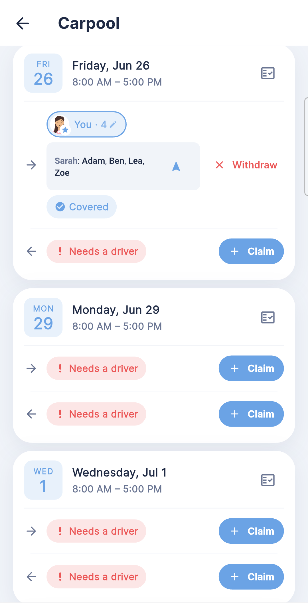 Kinly carpool — drivers auto-assigned, pickup order