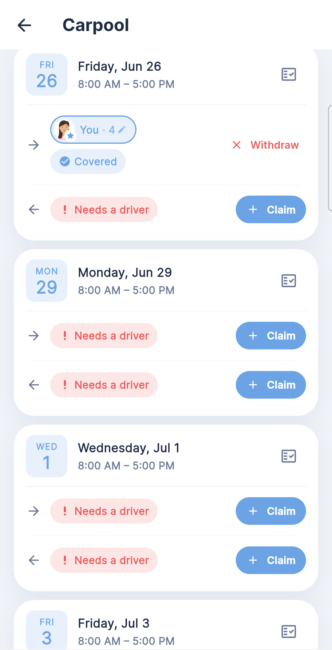 Kinly carpool — backup and coverage