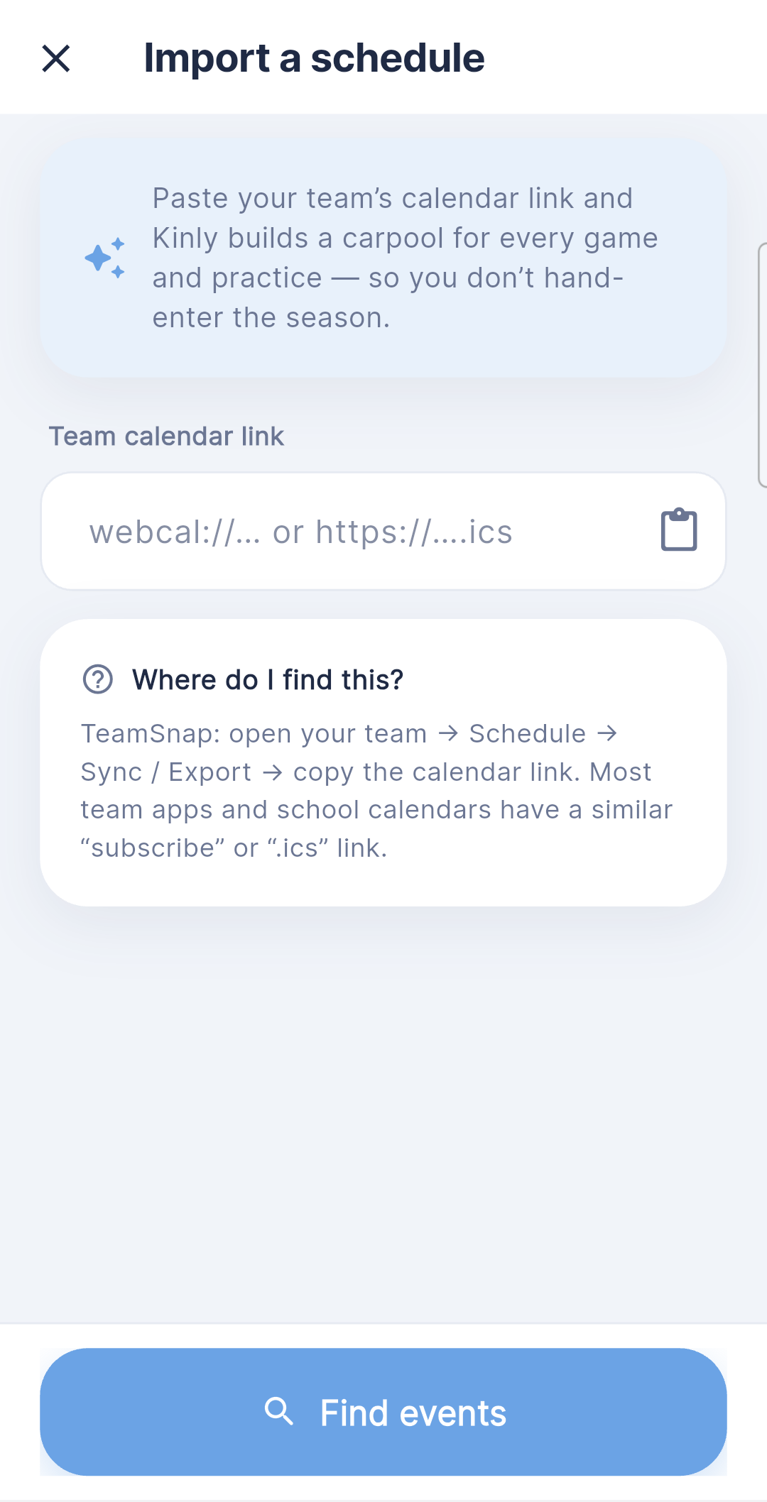Kinly carpool — import a schedule