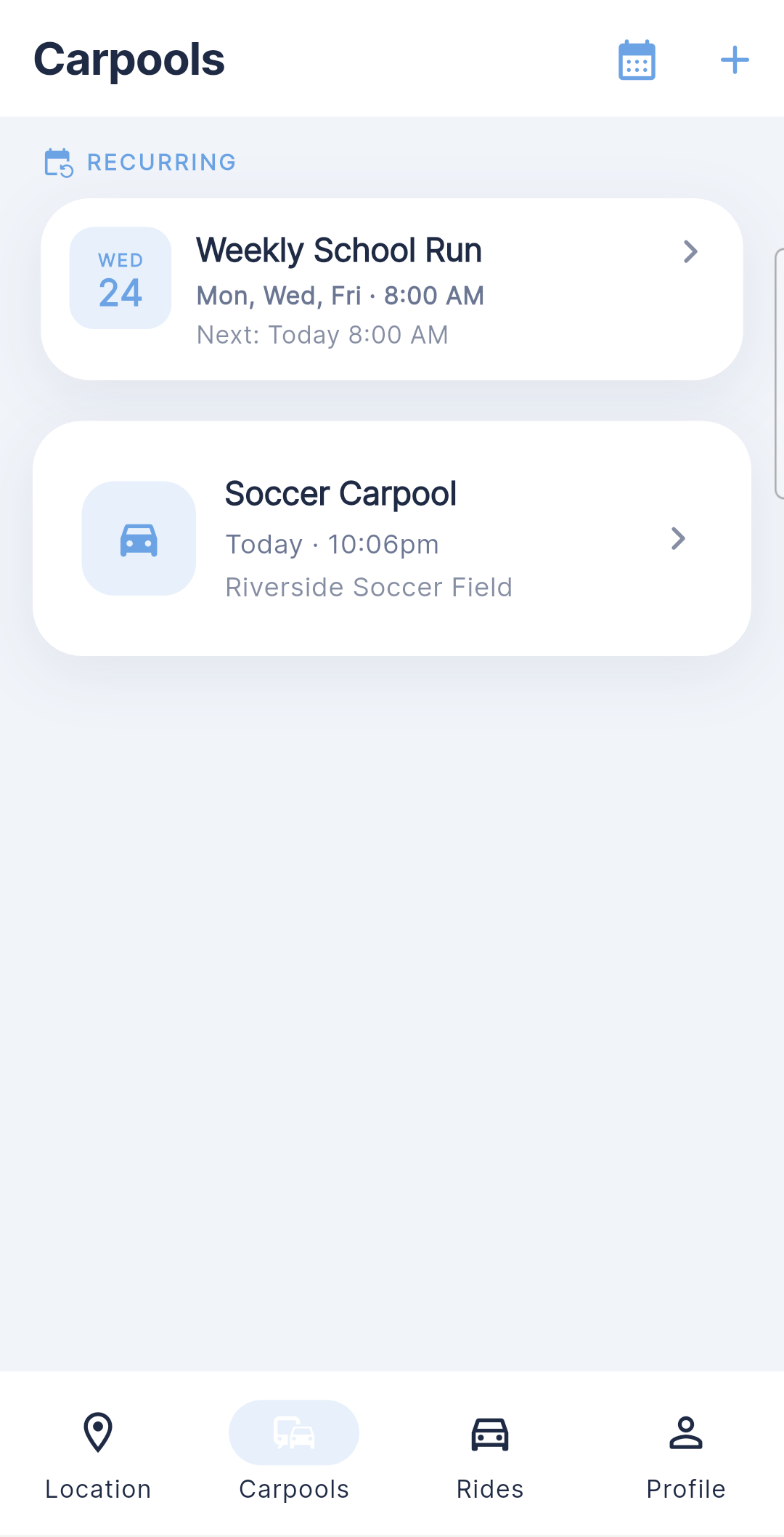 Kinly carpools screen
